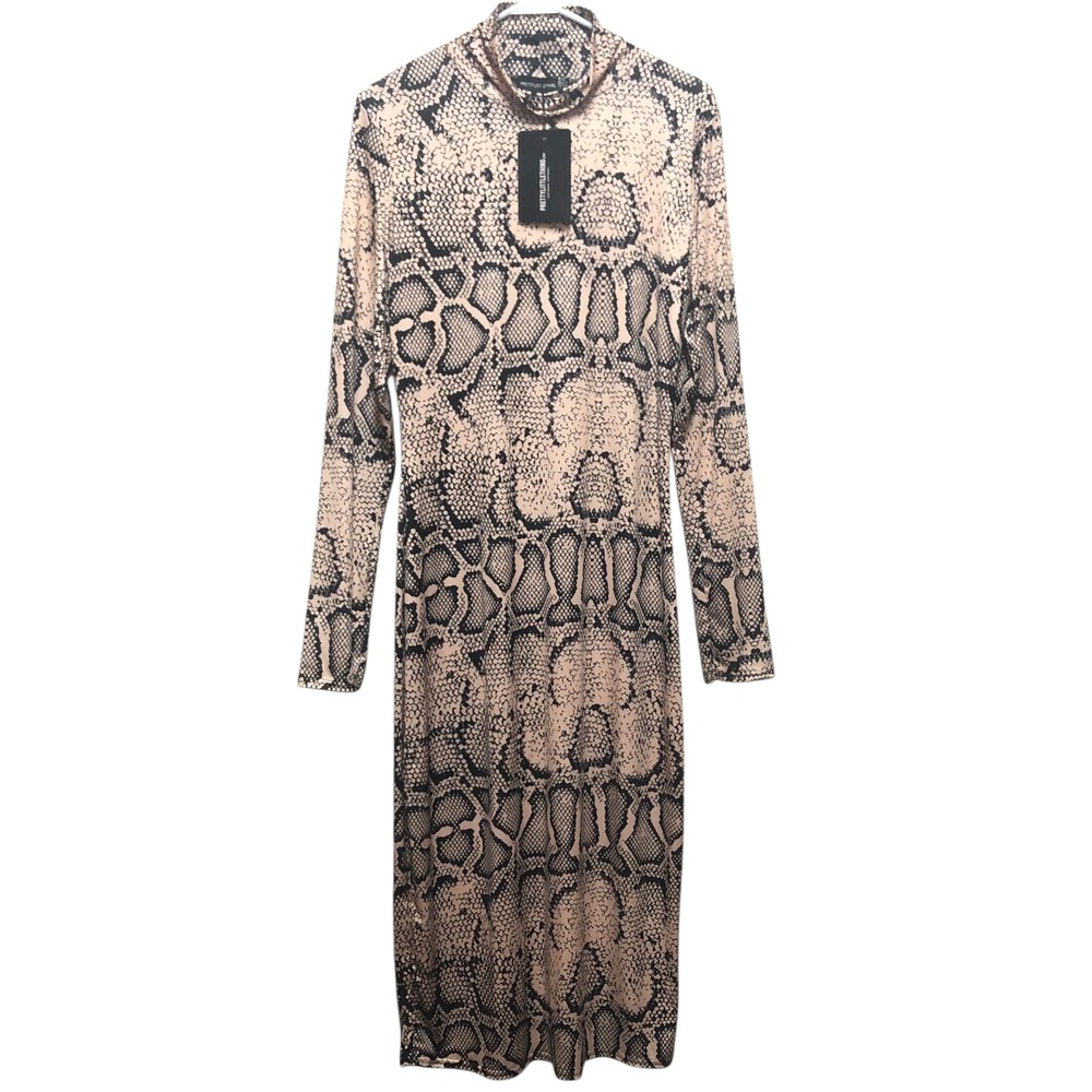 Pretty Little Thing N.W.T. Taupe Snake Print Slinky High Neck Midi Dress Size 12